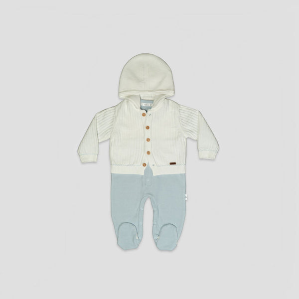 Especially for you baby boy outfit set featuring a cream hooded cardigan and soft blue footed overalls