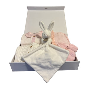 Especially for you baby girl gift box featuring a knit cardigan, bonnet, booties, and a plush rabbit security blanket.