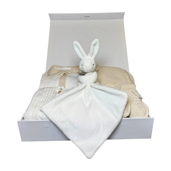 Especially for you baby girl gift box featuring a knit cardigan, bonnet, booties, and a plush white rabbit lovey.
