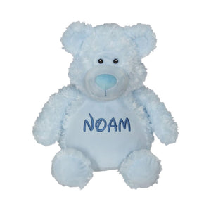 Especially for you Bobby Buddy Bear with soft blue fur, blue eyes, and the name Noam embroidered on his belly.